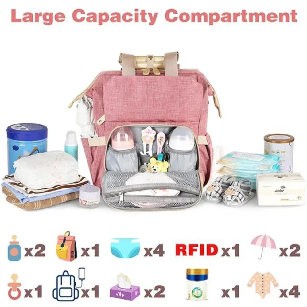 Diaper Bag Backpack, Insulated Pockets Portable Baby Nappy Bags - Pink